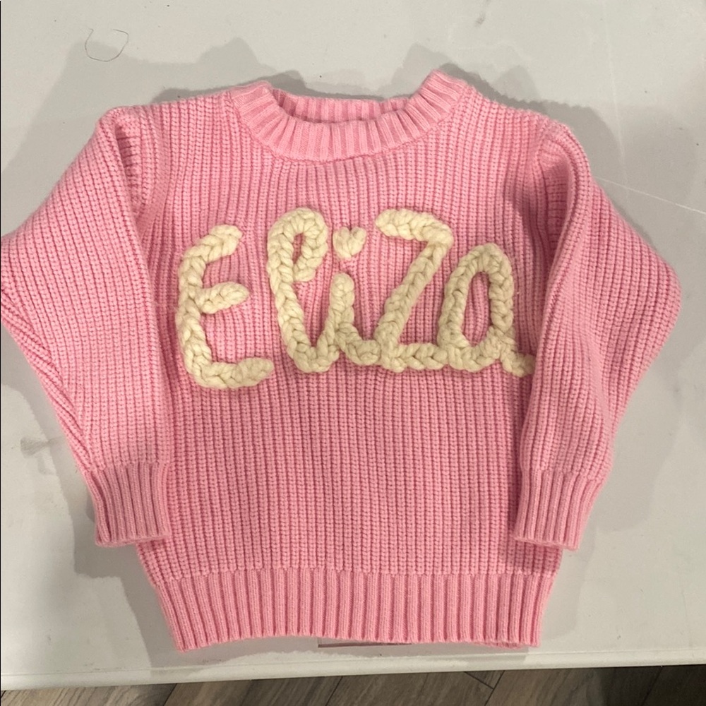 Pink Knit Sweater with Cream Lettering